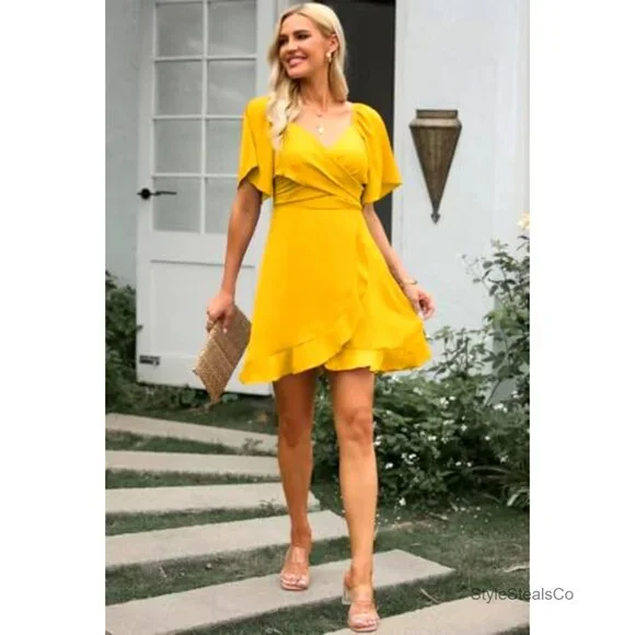 Wrap V-Neck Mini Dress with Flared Sleeves, Elastic Waist, and Belt - Picture 5 of 7